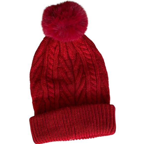 Women's Hat Red Knit Beanie Pom Pom - Picture 1 of 7